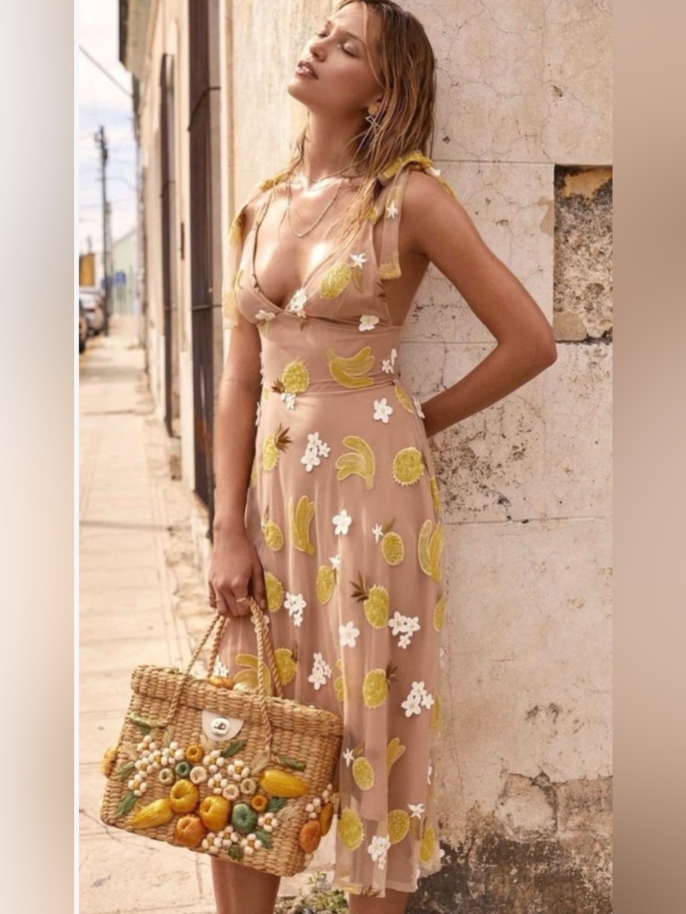 FL&L Embroidered Midi Dress with Yellow Fruit Motif